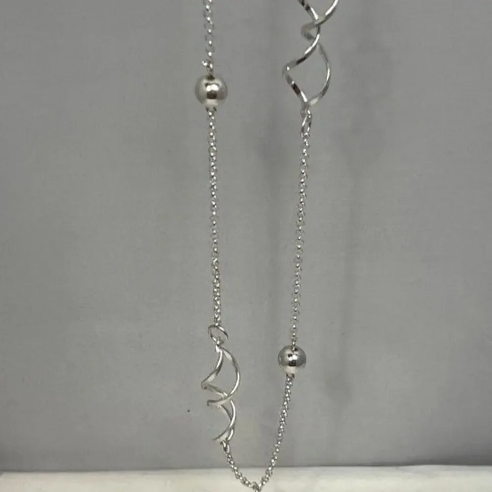 George Essentials Silver Tone Swirl & Bead Long Necklace 26” + 3” Extender Hypoa
